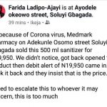 Price of Hand Sanitizer jumps from N1,000 to N19,950